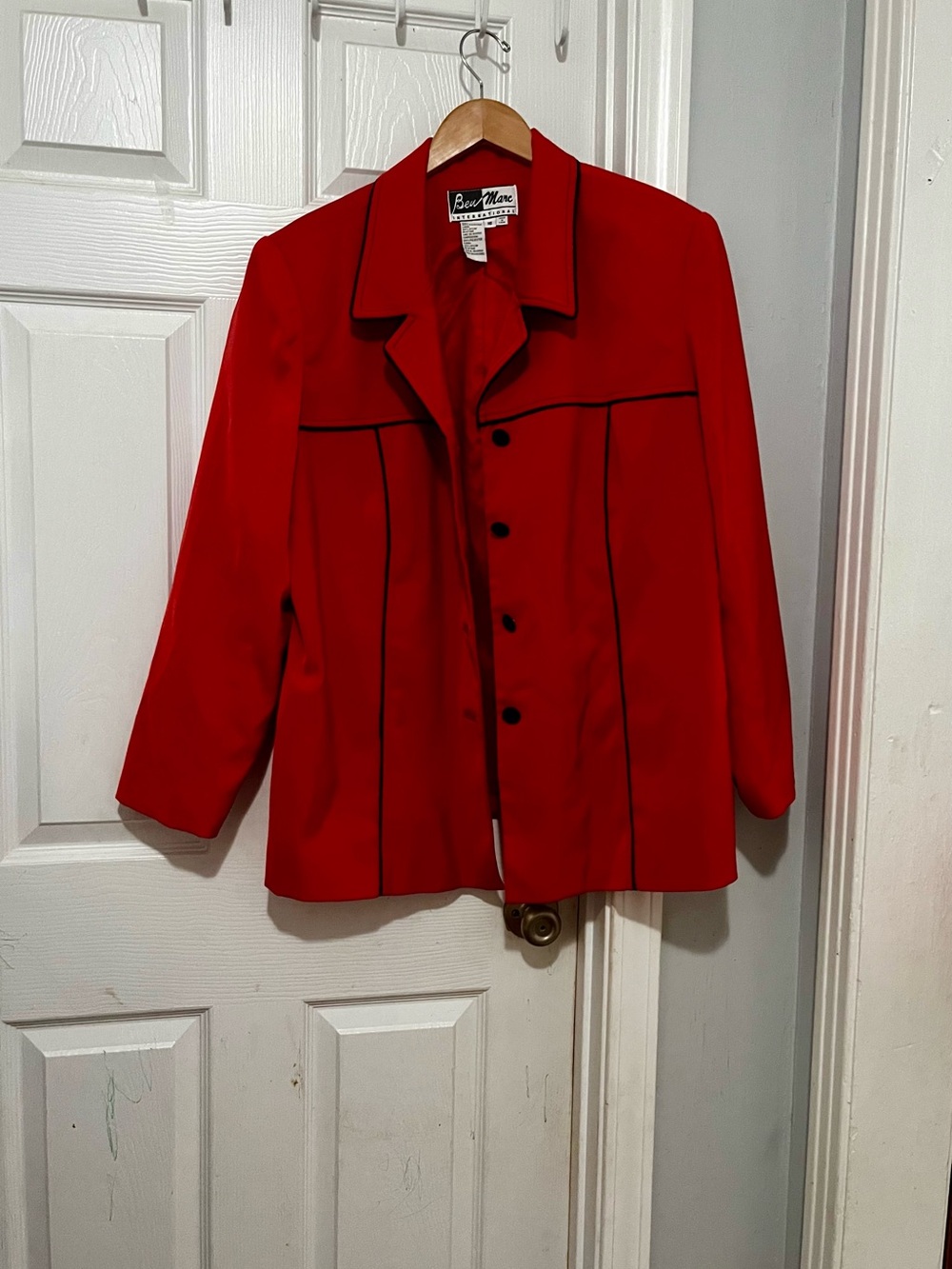 Women's Red Button-Front Jacket with Black Piping